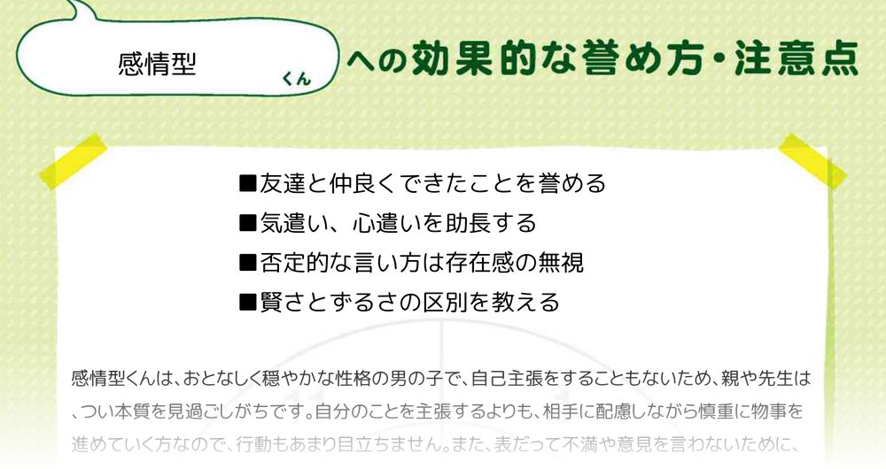 才能発見レポート「効果的な誉め方・注意点」のページの一部（感情型のうち1タイプの例）