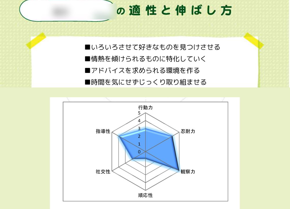 レポート4ページ目「適性と伸ばし方」の見本。4つのポイントと、行動力・忍耐力・観察力・順応性・社交性・指導性の6項目チャート